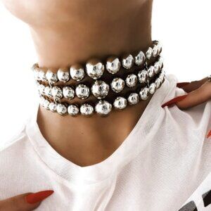 Pebby Forevee Layered Statement Choker Necklace – Silver – Boho Armor (One Size)